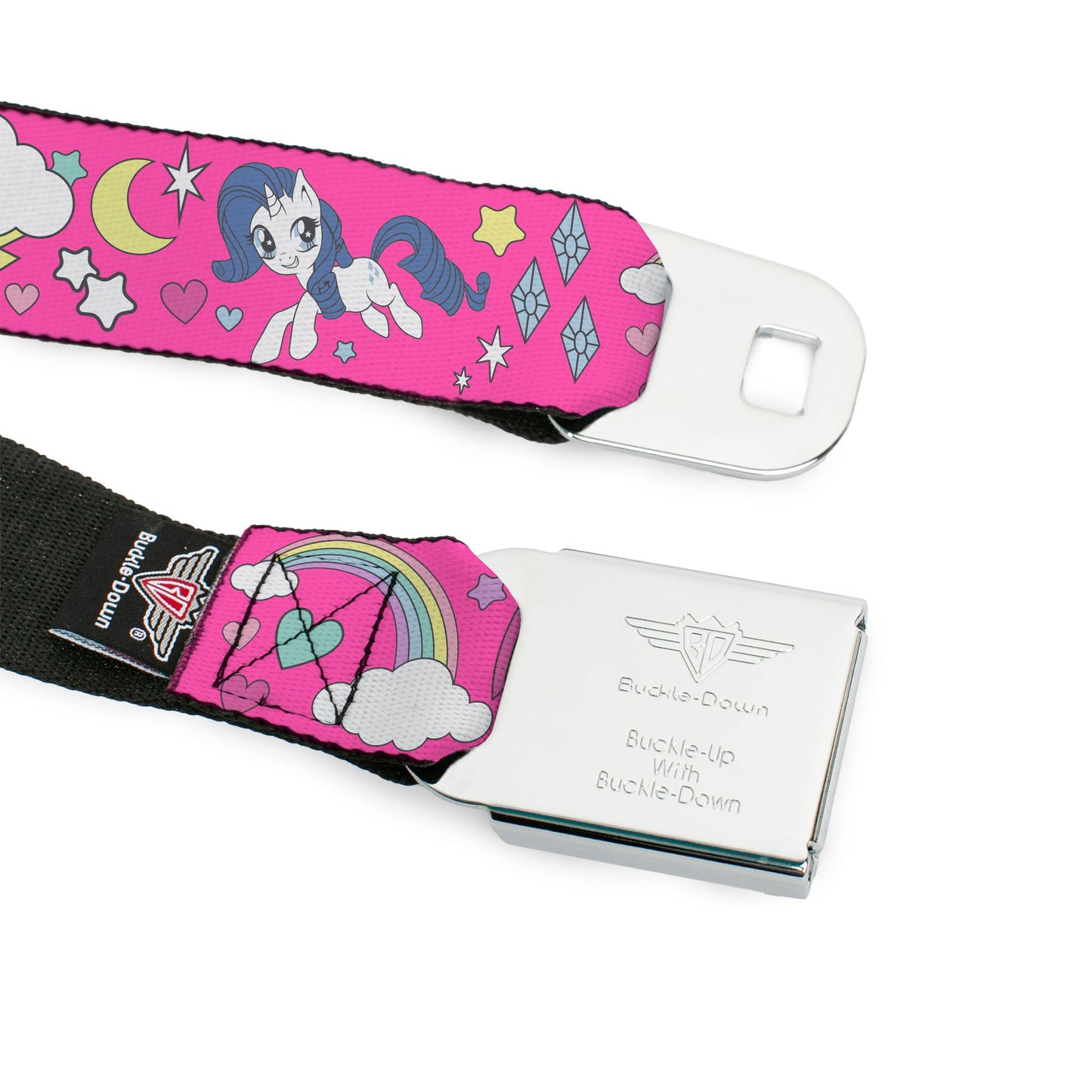 MY LITTLE PONY Title Logo Full Color Black/Purple/White Seatbelt Belt - My Little Pony Four Ponies and Cutie Marks Collage Pink/Multi Color Webbing