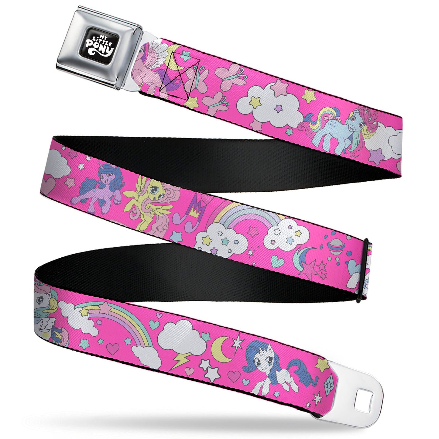 MY LITTLE PONY Title Logo Full Color Black/Purple/White Seatbelt Belt - My Little Pony Four Ponies and Cutie Marks Collage Pink/Multi Color Webbing