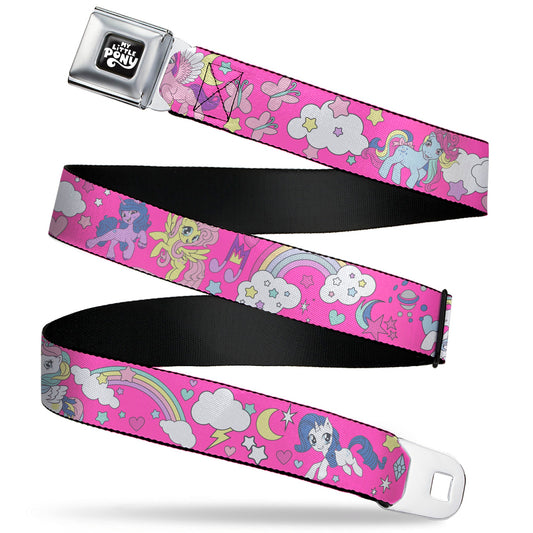 MY LITTLE PONY Title Logo Full Color Black/Purple/White Seatbelt Belt - My Little Pony Four Ponies and Cutie Marks Collage Pink/Multi Color Webbing