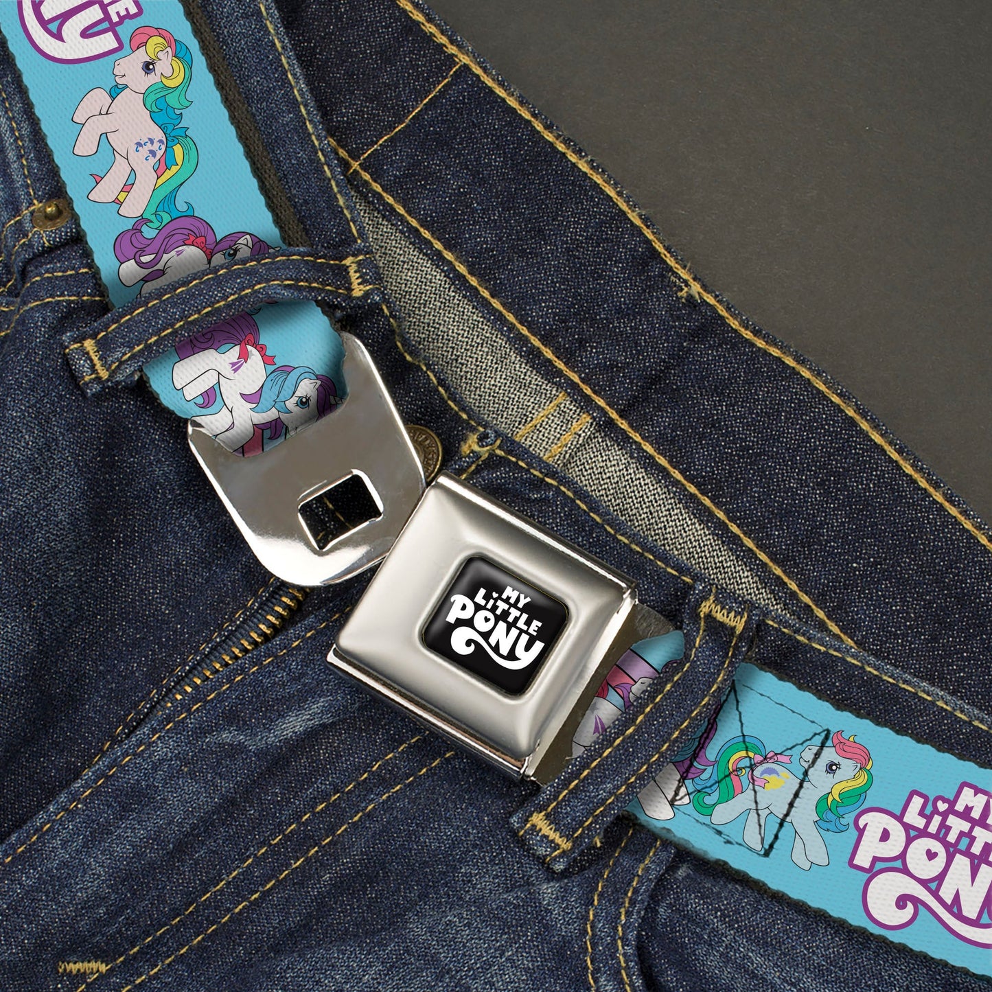 MY LITTLE PONY Title Logo Full Color Black/Purple/White Seatbelt Belt - MY LITTLE PONY Three Pony Rainbow Poses and Title Logo Blue/Multi Color Webbing