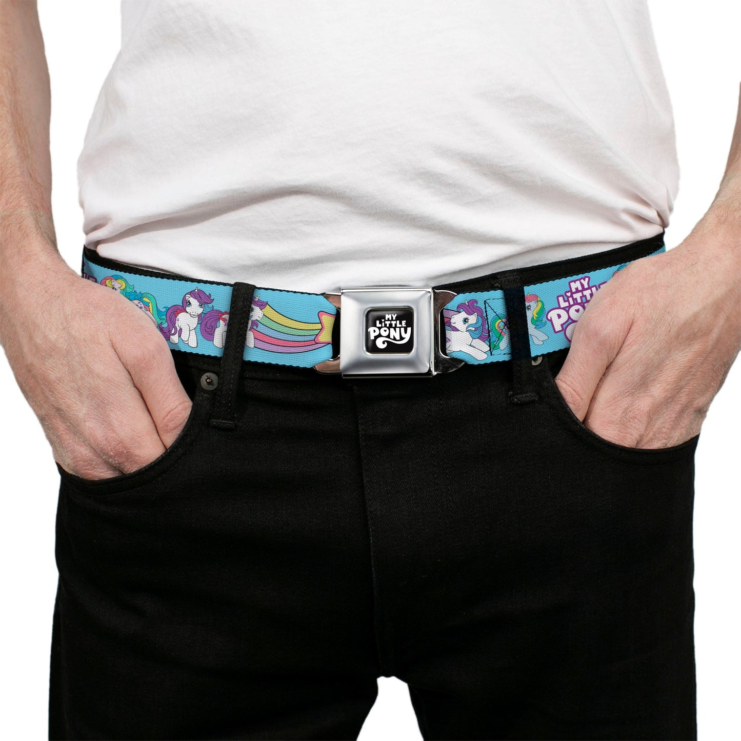 MY LITTLE PONY Title Logo Full Color Black/Purple/White Seatbelt Belt - MY LITTLE PONY Three Pony Rainbow Poses and Title Logo Blue/Multi Color Webbing