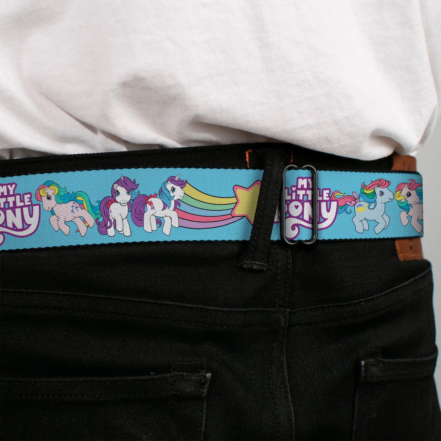 MY LITTLE PONY Title Logo Full Color Black/Purple/White Seatbelt Belt - MY LITTLE PONY Three Pony Rainbow Poses and Title Logo Blue/Multi Color Webbing