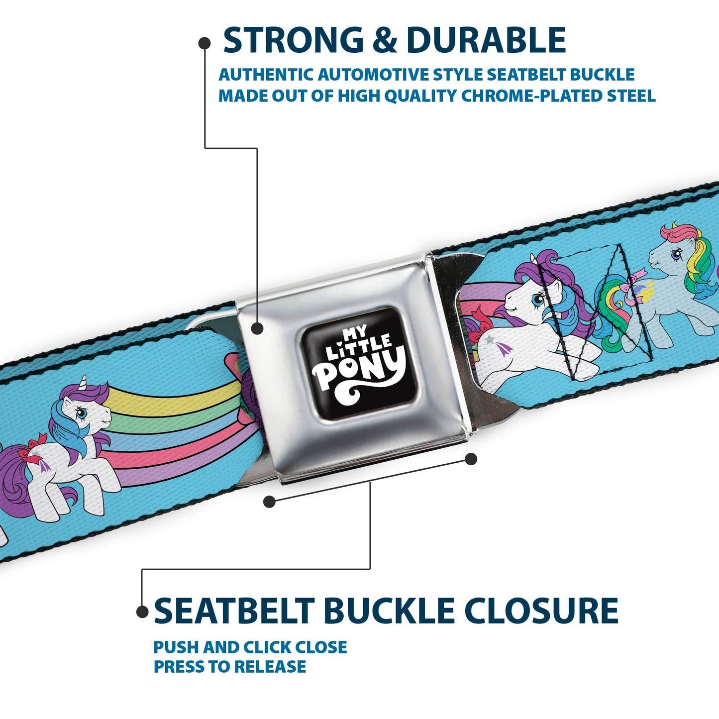 MY LITTLE PONY Title Logo Full Color Black/Purple/White Seatbelt Belt - MY LITTLE PONY Three Pony Rainbow Poses and Title Logo Blue/Multi Color Webbing