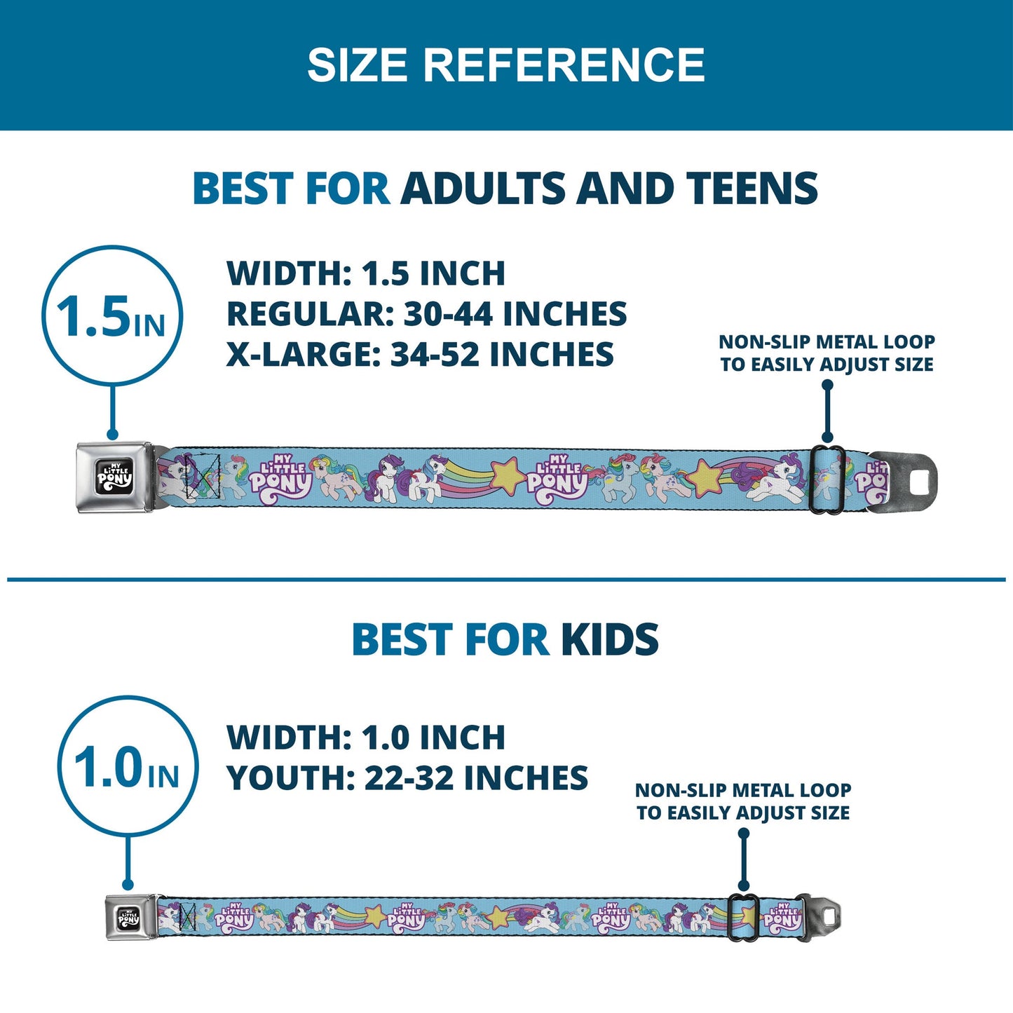 MY LITTLE PONY Title Logo Full Color Black/Purple/White Seatbelt Belt - MY LITTLE PONY Three Pony Rainbow Poses and Title Logo Blue/Multi Color Webbing