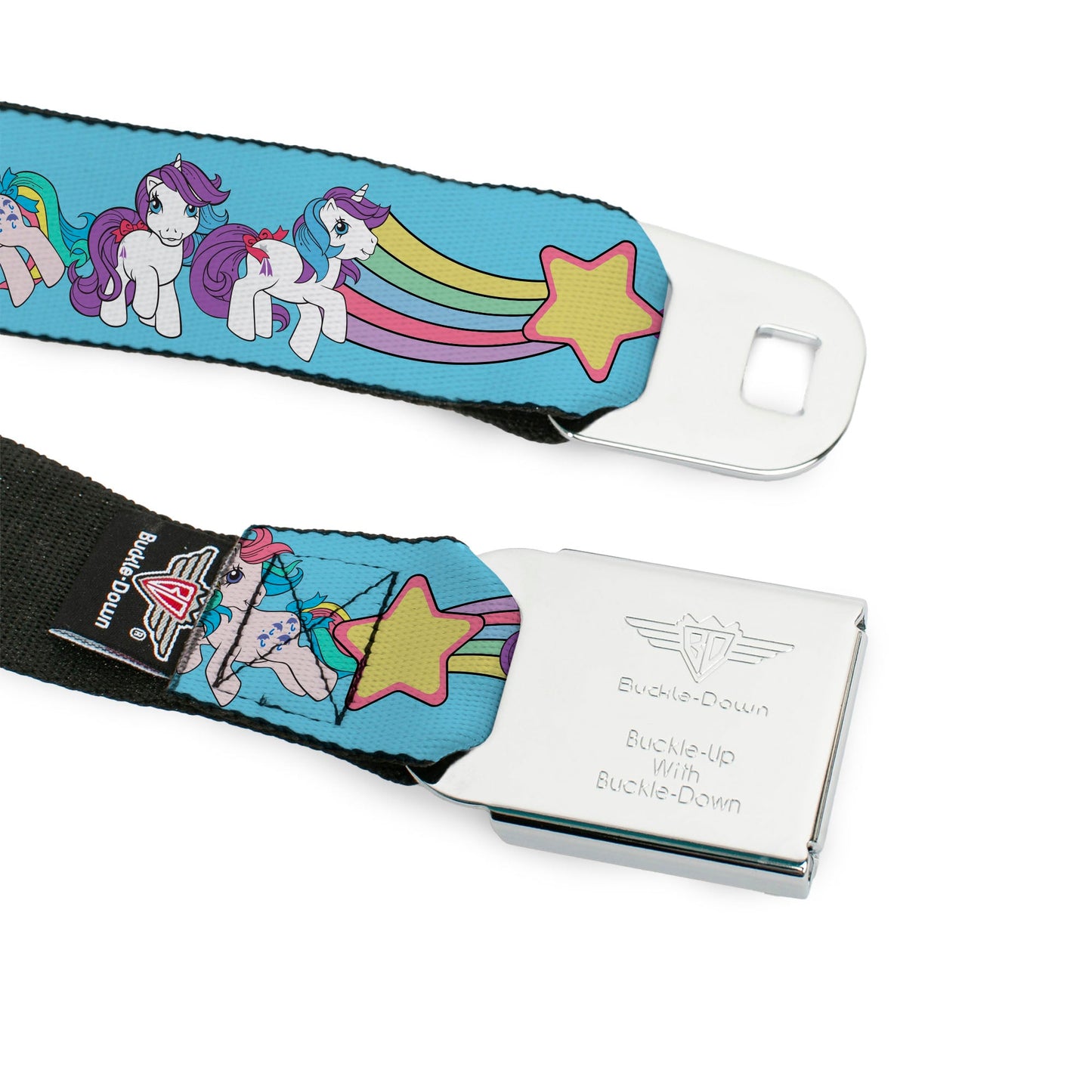 MY LITTLE PONY Title Logo Full Color Black/Purple/White Seatbelt Belt - MY LITTLE PONY Three Pony Rainbow Poses and Title Logo Blue/Multi Color Webbing