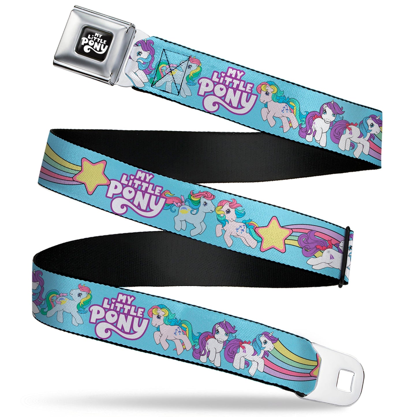 MY LITTLE PONY Title Logo Full Color Black/Purple/White Seatbelt Belt - MY LITTLE PONY Three Pony Rainbow Poses and Title Logo Blue/Multi Color Webbing