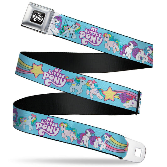 MY LITTLE PONY Title Logo Full Color Black/Purple/White Seatbelt Belt - MY LITTLE PONY Three Pony Rainbow Poses and Title Logo Blue/Multi Color Webbing