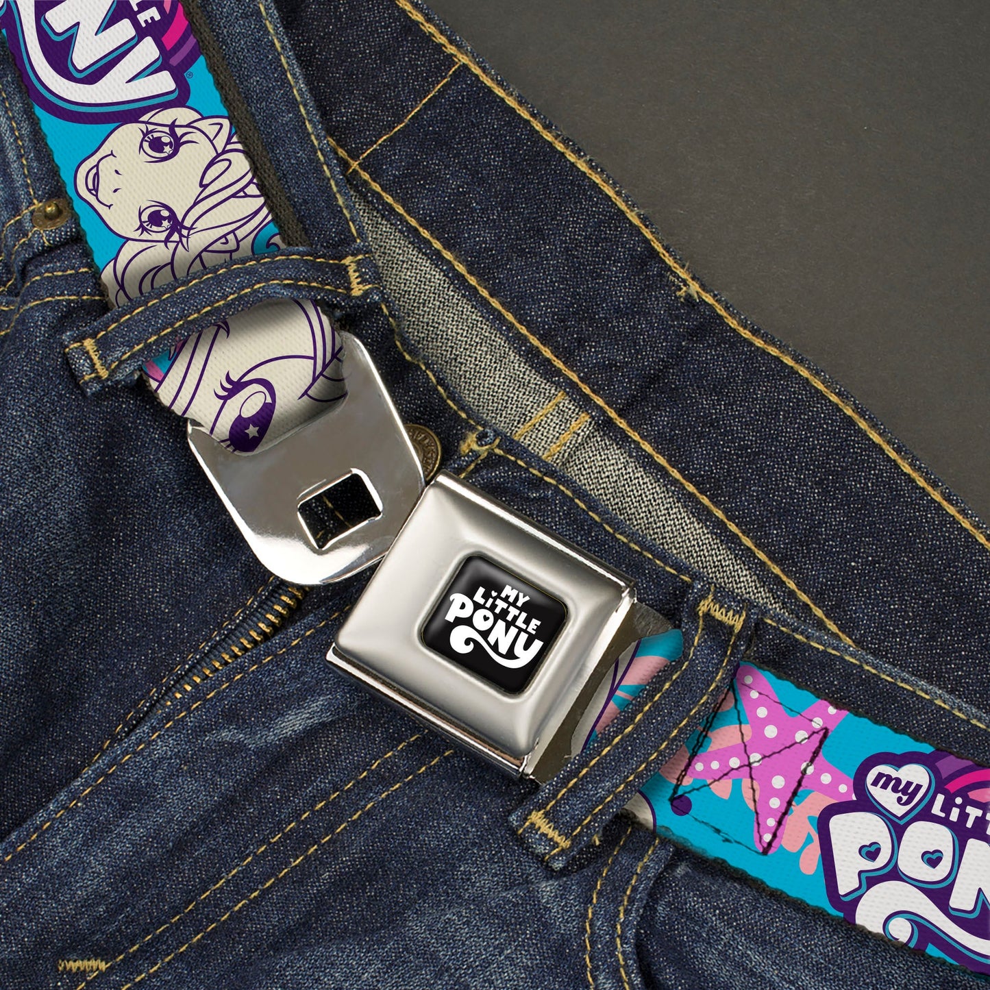 MY LITTLE PONY Title Logo Full Color Black/Purple/White Seatbelt Belt - MY LITTLE PONY Pony Faces Flowers and Title Logo Blue/Pinks/White Webbing