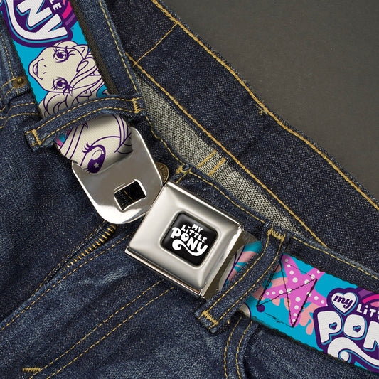 MY LITTLE PONY Title Logo Full Color Black/Purple/White Seatbelt Belt - MY LITTLE PONY Pony Faces Flowers and Title Logo Blue/Pinks/White Webbing
