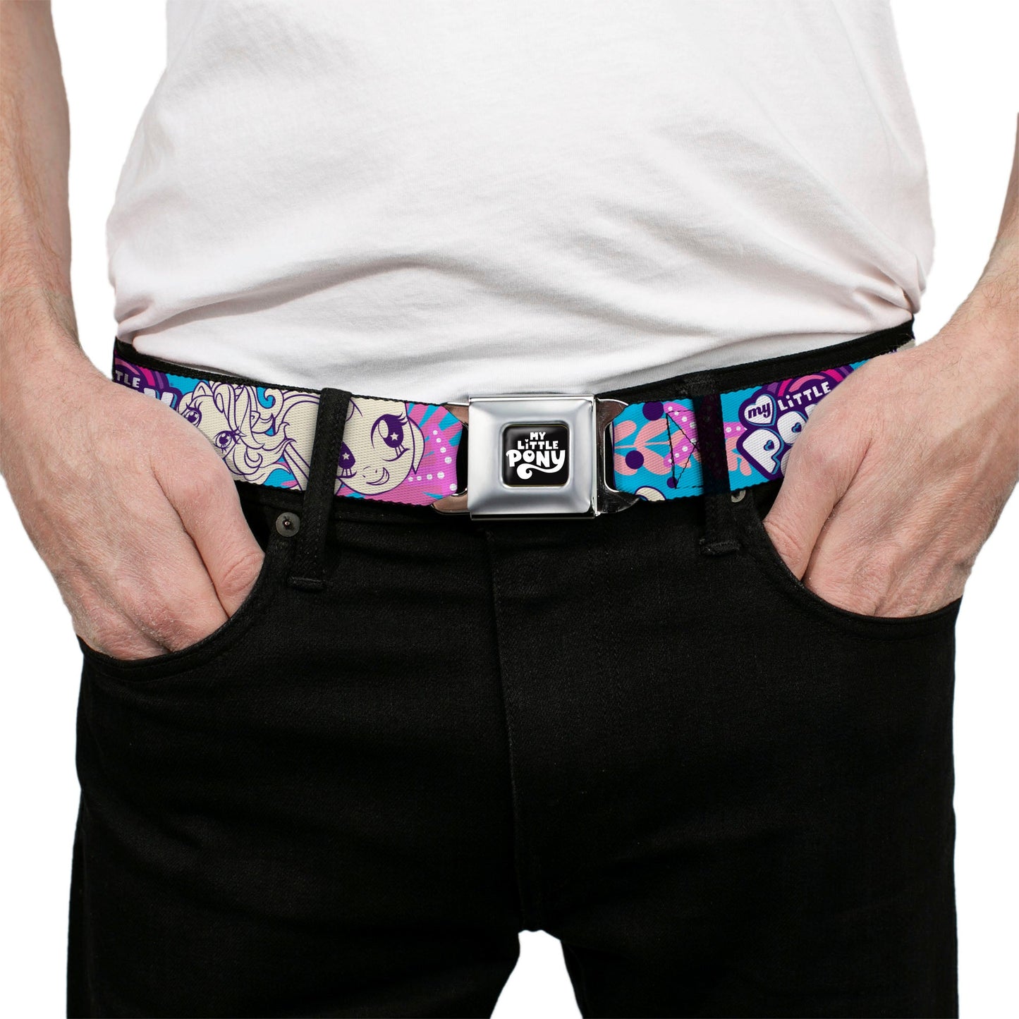 MY LITTLE PONY Title Logo Full Color Black/Purple/White Seatbelt Belt - MY LITTLE PONY Pony Faces Flowers and Title Logo Blue/Pinks/White Webbing