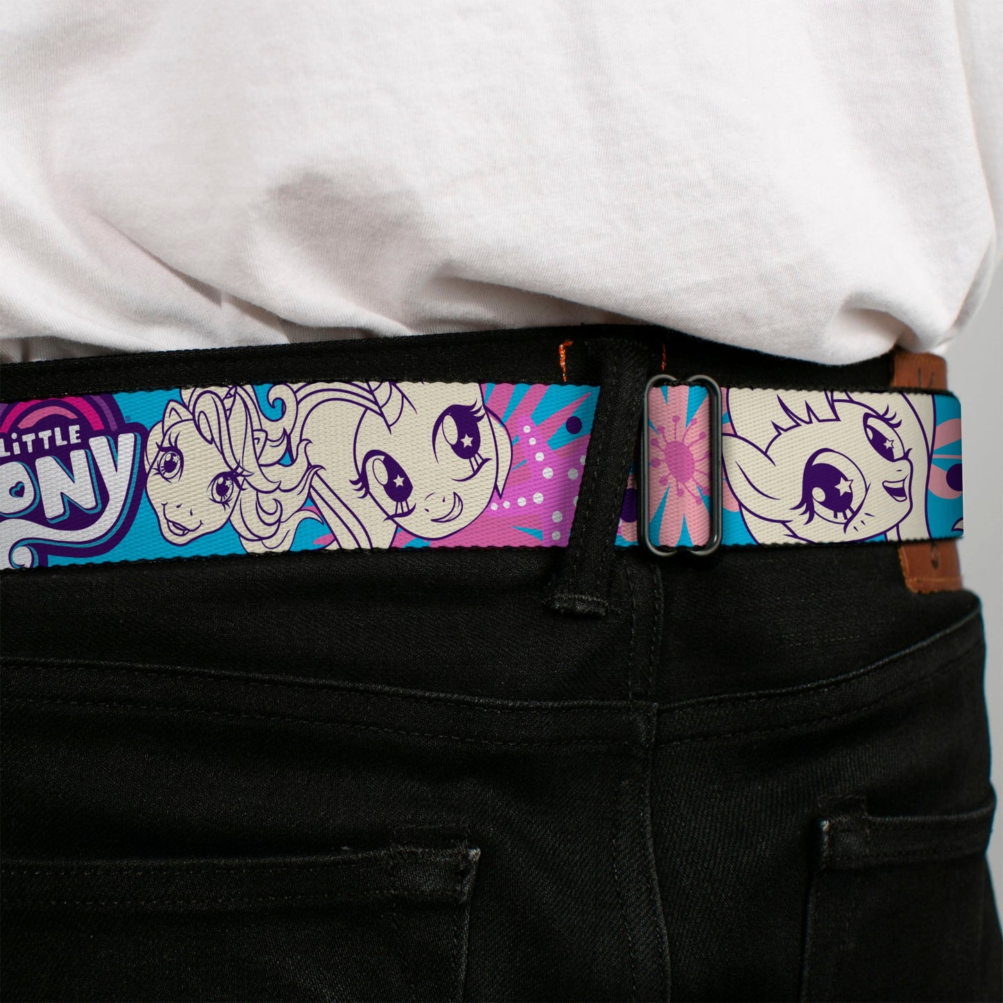 MY LITTLE PONY Title Logo Full Color Black/Purple/White Seatbelt Belt - MY LITTLE PONY Pony Faces Flowers and Title Logo Blue/Pinks/White Webbing