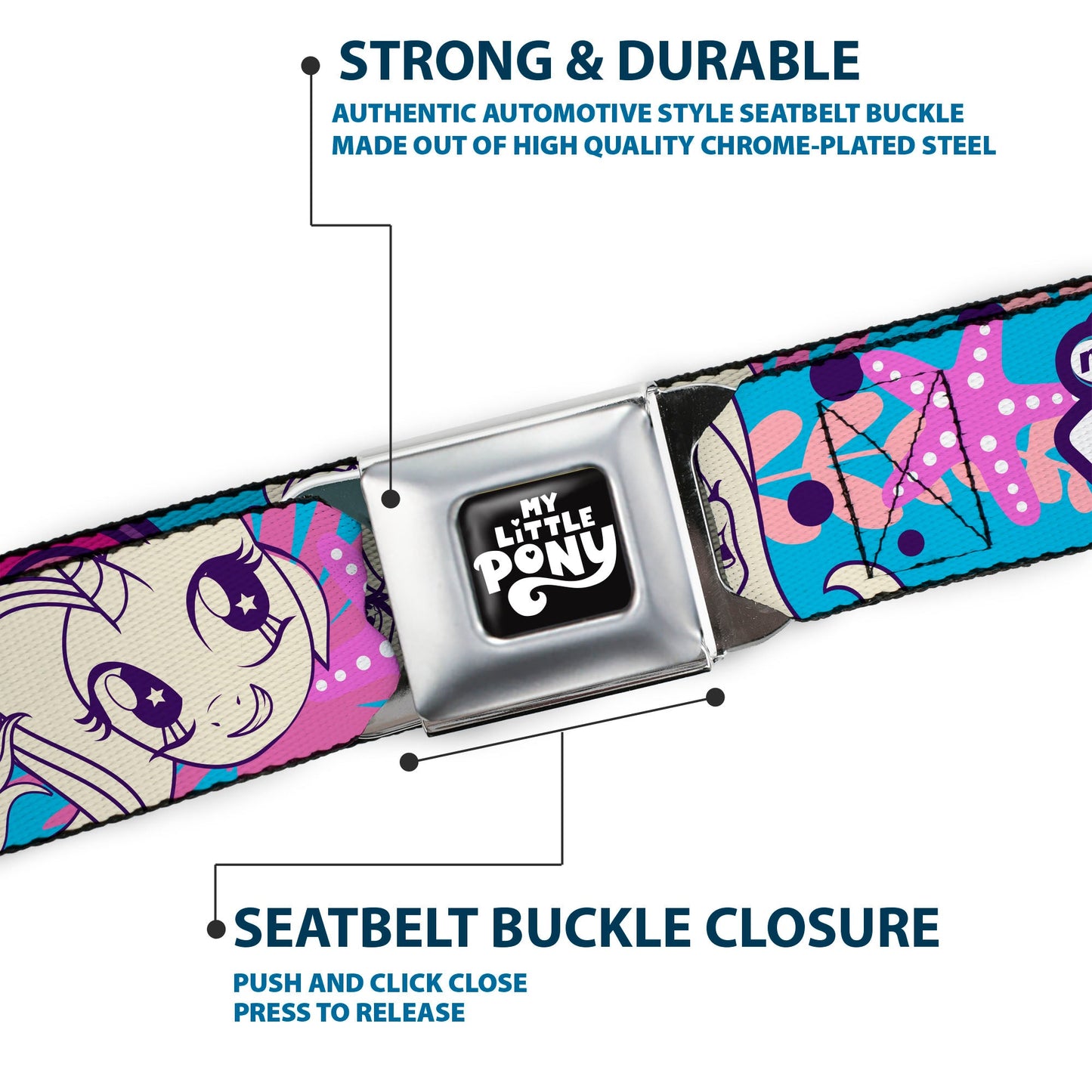 MY LITTLE PONY Title Logo Full Color Black/Purple/White Seatbelt Belt - MY LITTLE PONY Pony Faces Flowers and Title Logo Blue/Pinks/White Webbing