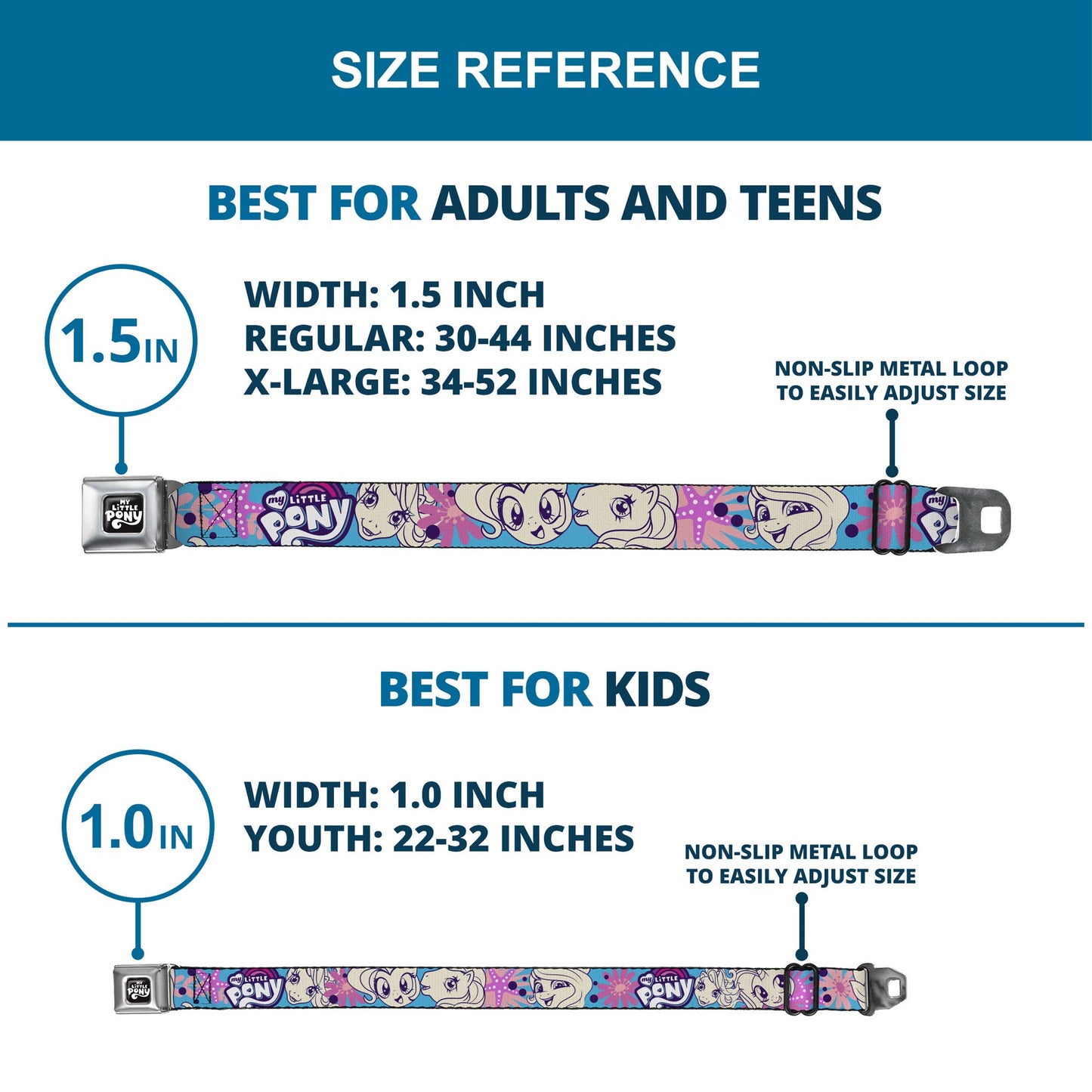 MY LITTLE PONY Title Logo Full Color Black/Purple/White Seatbelt Belt - MY LITTLE PONY Pony Faces Flowers and Title Logo Blue/Pinks/White Webbing