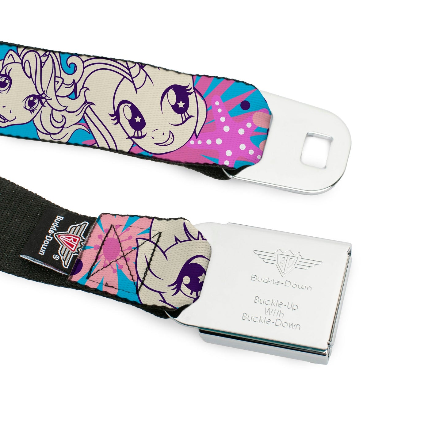 MY LITTLE PONY Title Logo Full Color Black/Purple/White Seatbelt Belt - MY LITTLE PONY Pony Faces Flowers and Title Logo Blue/Pinks/White Webbing