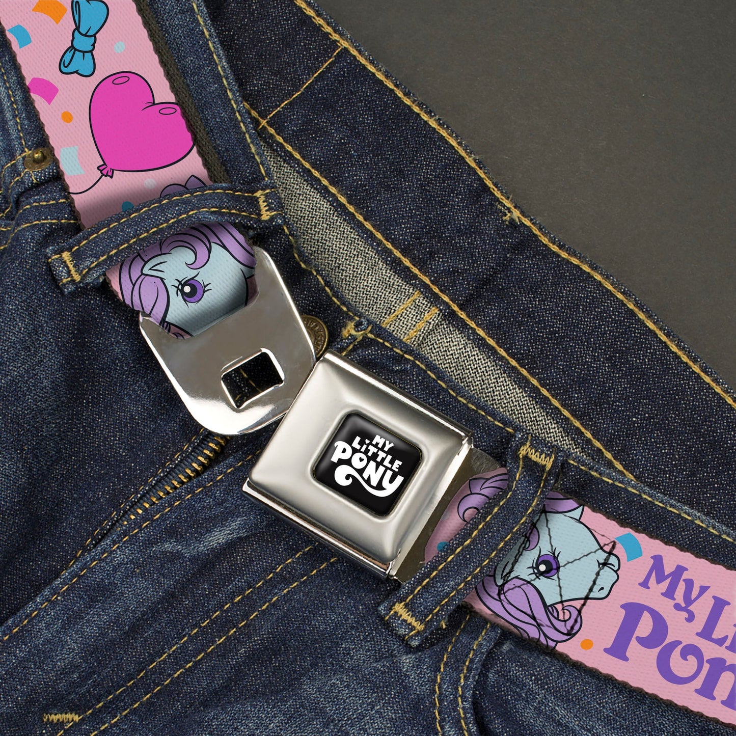 MY LITTLE PONY Title Logo Full Color Black/Purple/White Seatbelt Belt - MY LITTLE PONY Three Pony Confetti Party and Title Logo Pink/Multi Color Webbing