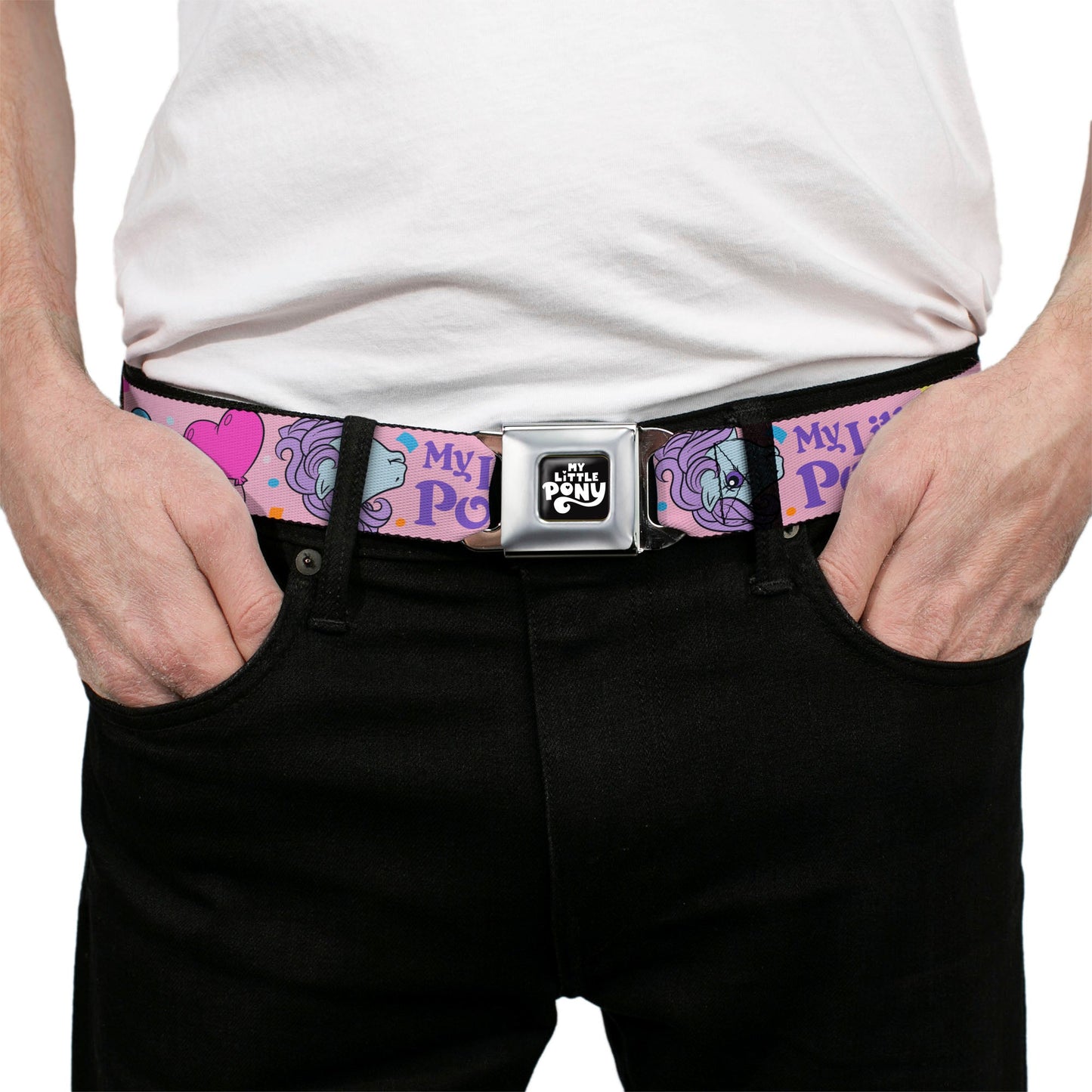 MY LITTLE PONY Title Logo Full Color Black/Purple/White Seatbelt Belt - MY LITTLE PONY Three Pony Confetti Party and Title Logo Pink/Multi Color Webbing