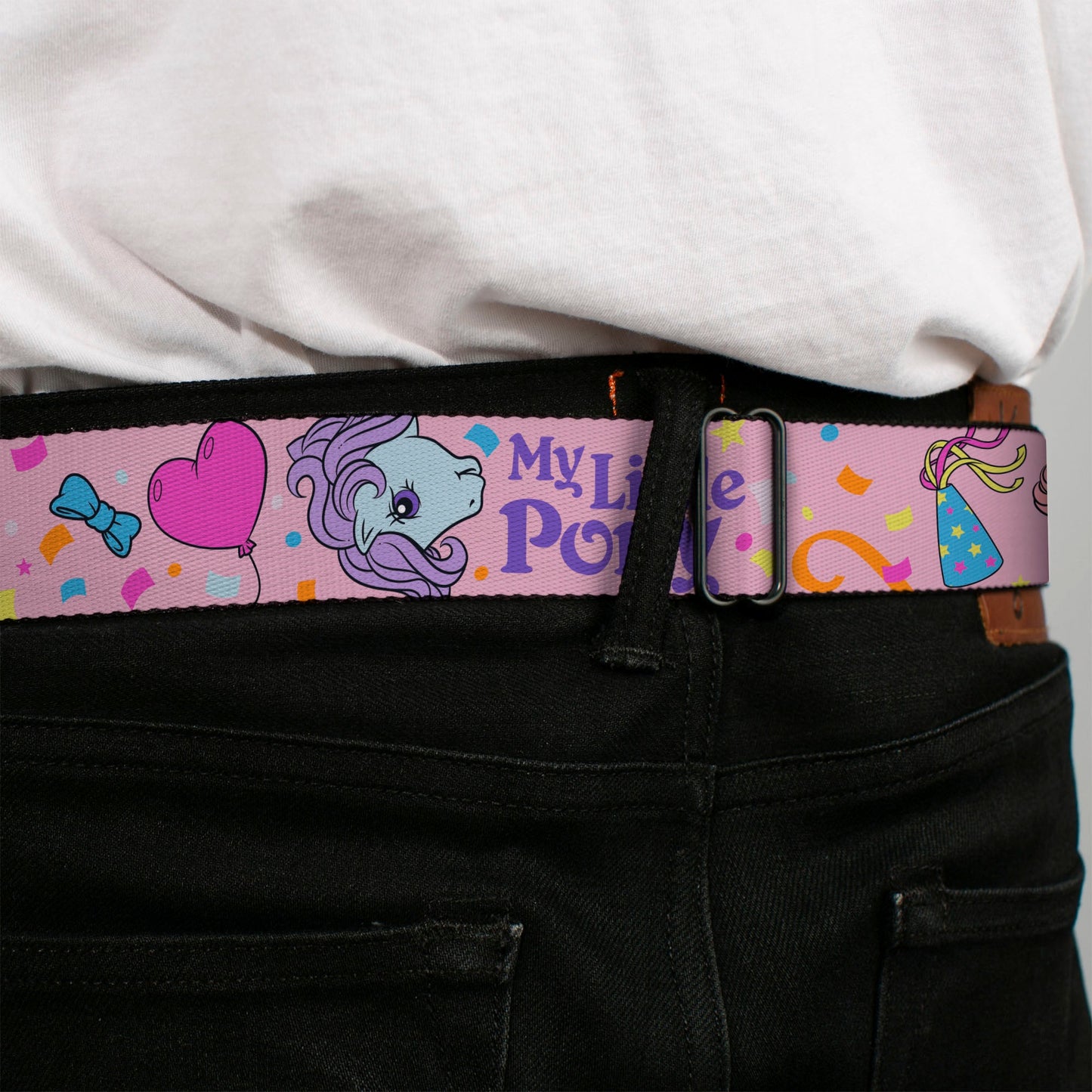 MY LITTLE PONY Title Logo Full Color Black/Purple/White Seatbelt Belt - MY LITTLE PONY Three Pony Confetti Party and Title Logo Pink/Multi Color Webbing
