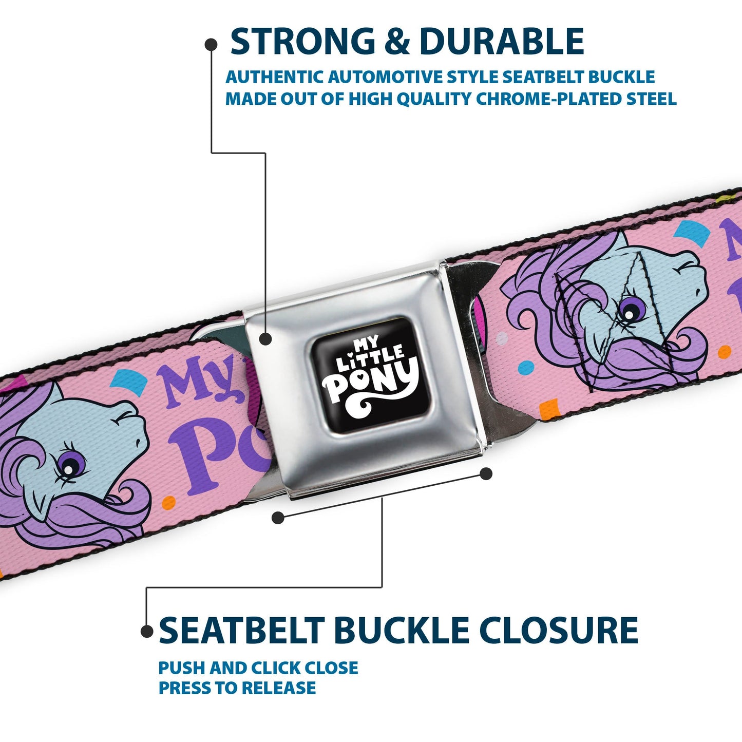 MY LITTLE PONY Title Logo Full Color Black/Purple/White Seatbelt Belt - MY LITTLE PONY Three Pony Confetti Party and Title Logo Pink/Multi Color Webbing