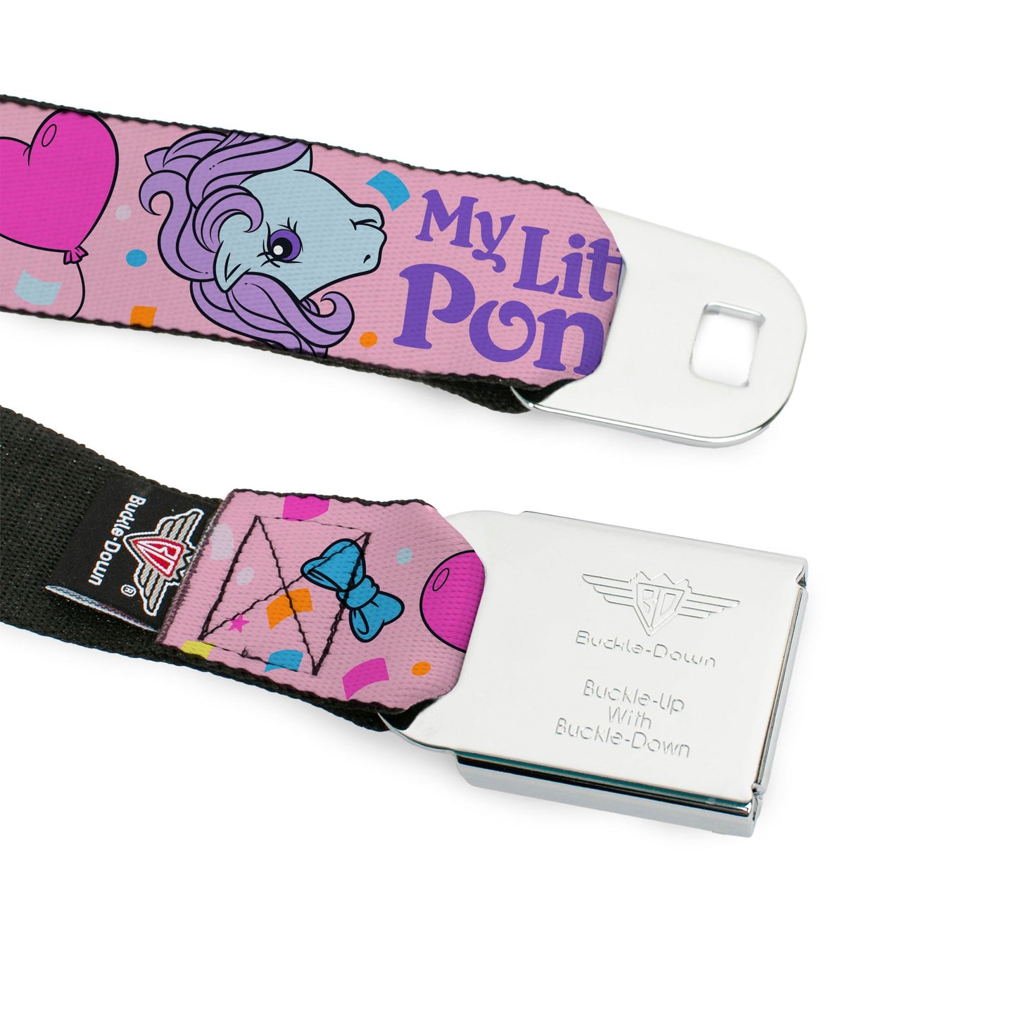 MY LITTLE PONY Title Logo Full Color Black/Purple/White Seatbelt Belt - MY LITTLE PONY Three Pony Confetti Party and Title Logo Pink/Multi Color Webbing