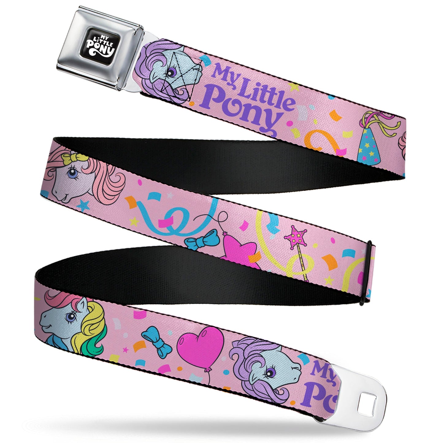 MY LITTLE PONY Title Logo Full Color Black/Purple/White Seatbelt Belt - MY LITTLE PONY Three Pony Confetti Party and Title Logo Pink/Multi Color Webbing