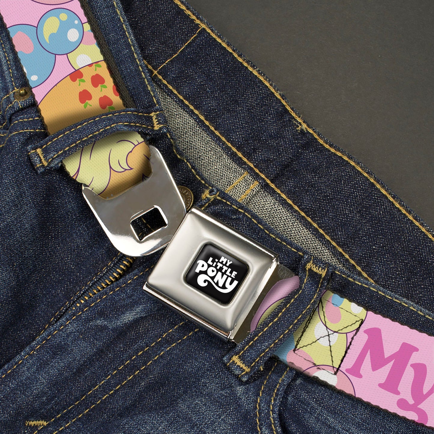 MY LITTLE PONY Title Logo Full Color Black/Purple/White Seatbelt Belt - MY LITTLE PONY Two Pony Sunshine Bubbles and Title Logo Pink/Multi Color Webbing