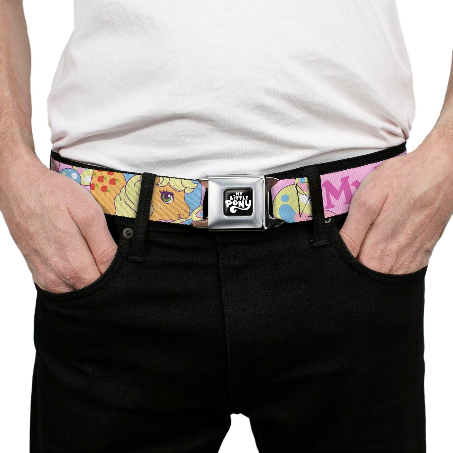 MY LITTLE PONY Title Logo Full Color Black/Purple/White Seatbelt Belt - MY LITTLE PONY Two Pony Sunshine Bubbles and Title Logo Pink/Multi Color Webbing