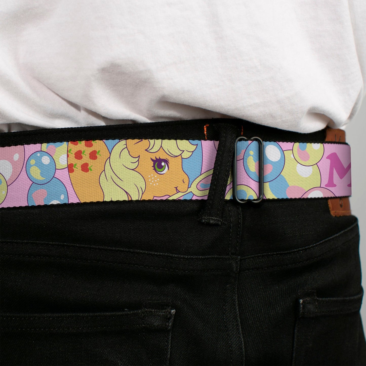 MY LITTLE PONY Title Logo Full Color Black/Purple/White Seatbelt Belt - MY LITTLE PONY Two Pony Sunshine Bubbles and Title Logo Pink/Multi Color Webbing