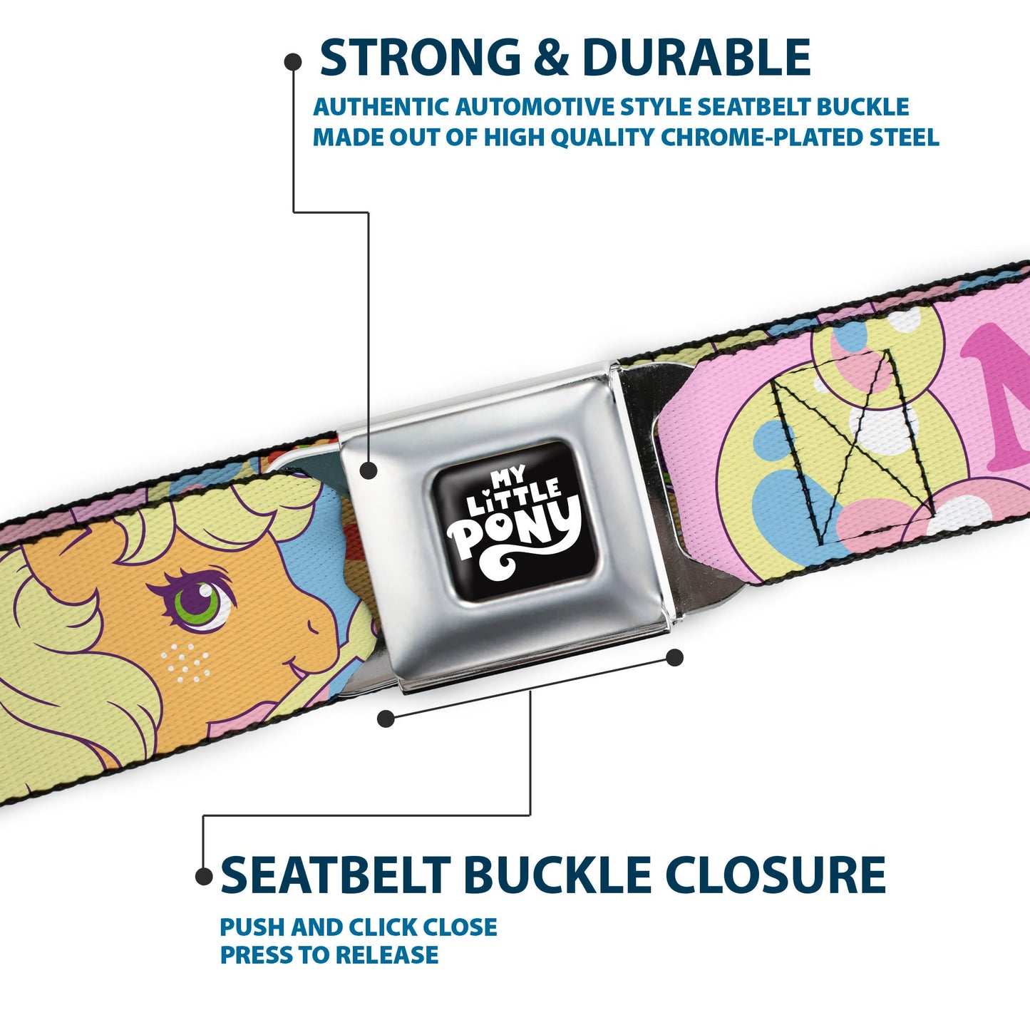 MY LITTLE PONY Title Logo Full Color Black/Purple/White Seatbelt Belt - MY LITTLE PONY Two Pony Sunshine Bubbles and Title Logo Pink/Multi Color Webbing