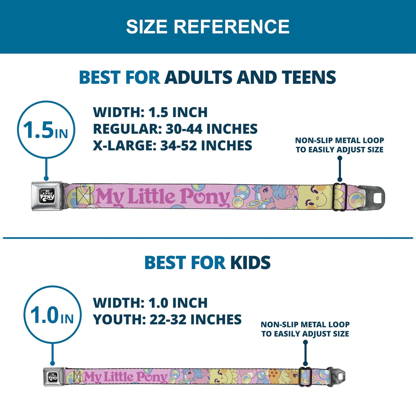 MY LITTLE PONY Title Logo Full Color Black/Purple/White Seatbelt Belt - MY LITTLE PONY Two Pony Sunshine Bubbles and Title Logo Pink/Multi Color Webbing