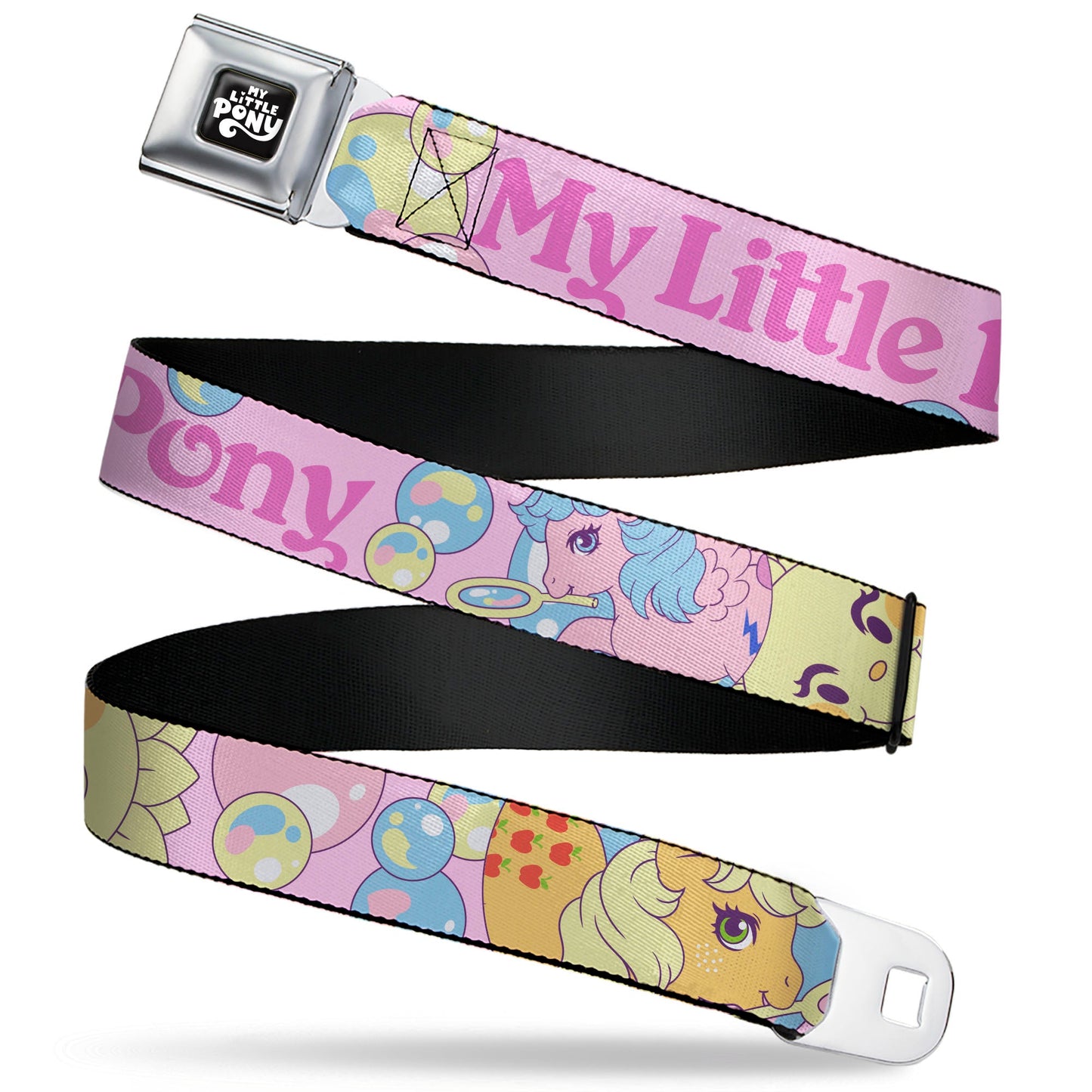 MY LITTLE PONY Title Logo Full Color Black/Purple/White Seatbelt Belt - MY LITTLE PONY Two Pony Sunshine Bubbles and Title Logo Pink/Multi Color Webbing