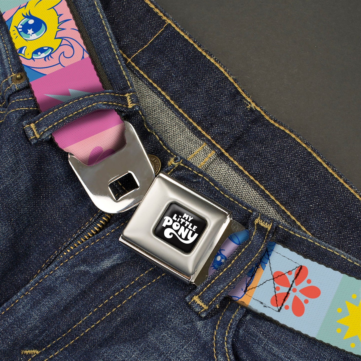 MY LITTLE PONY Title Logo Full Color Black/Purple/White Seatbelt Belt - My Little Pony Faces and Cutie Mark Blocks Multi Color Webbing