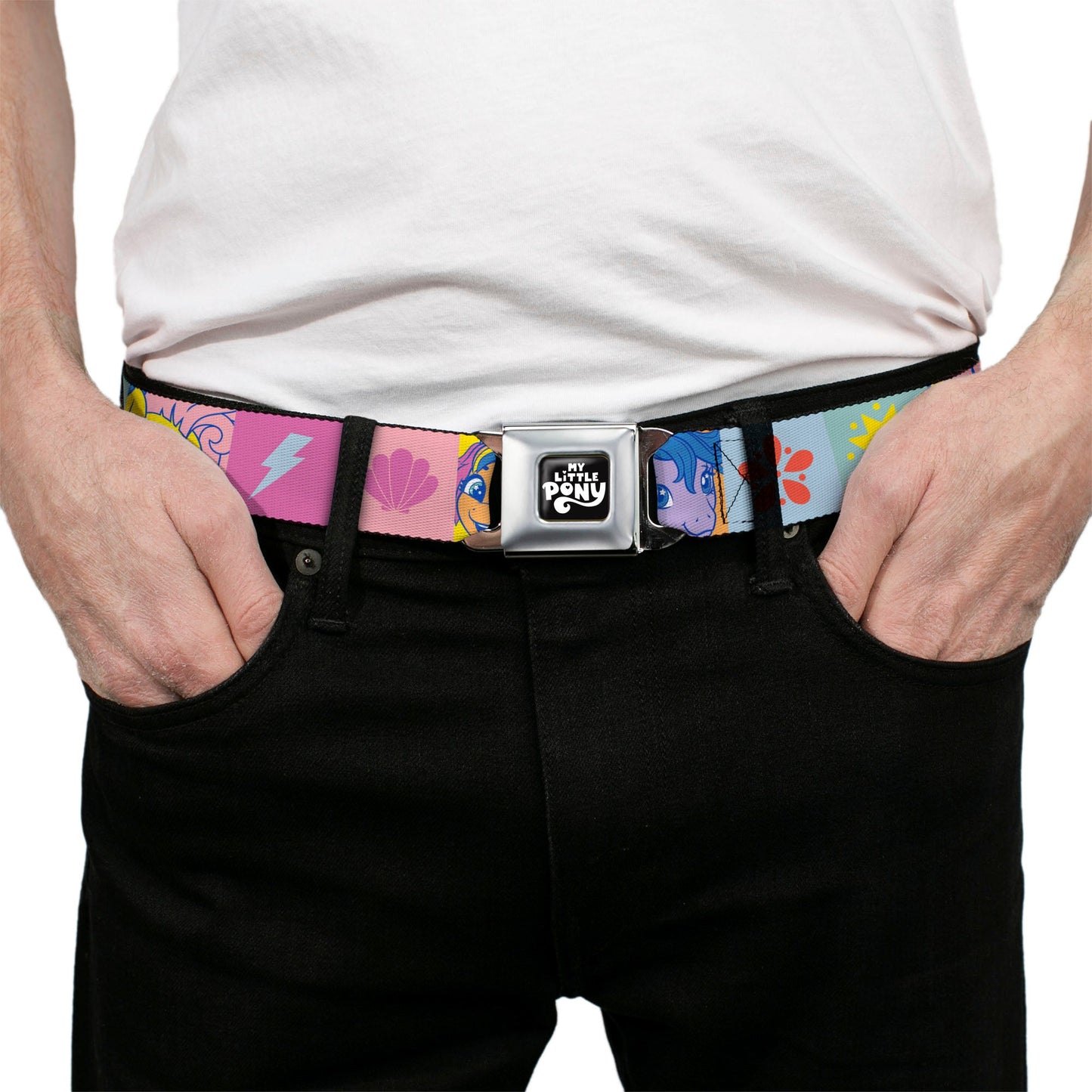 MY LITTLE PONY Title Logo Full Color Black/Purple/White Seatbelt Belt - My Little Pony Faces and Cutie Mark Blocks Multi Color Webbing