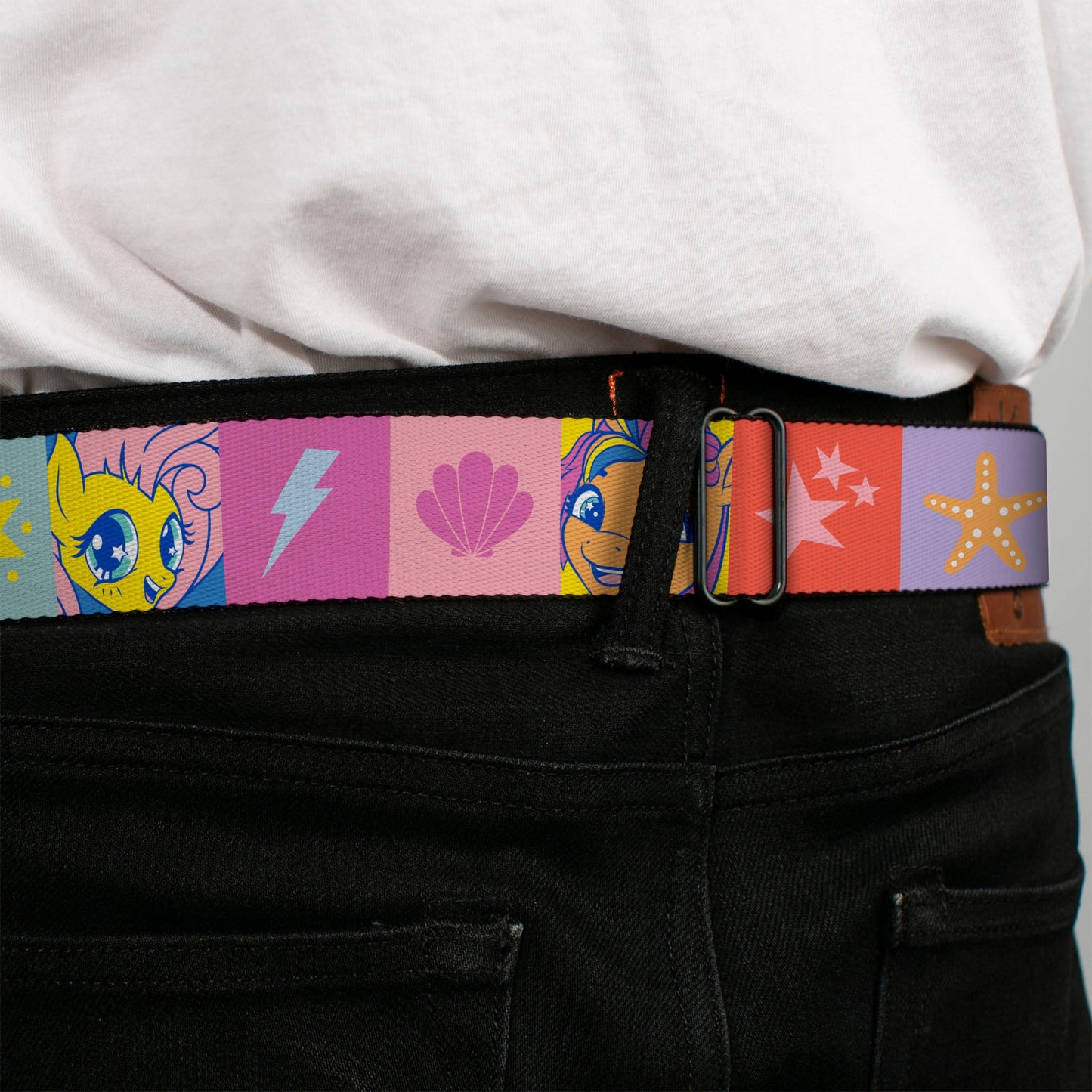 MY LITTLE PONY Title Logo Full Color Black/Purple/White Seatbelt Belt - My Little Pony Faces and Cutie Mark Blocks Multi Color Webbing