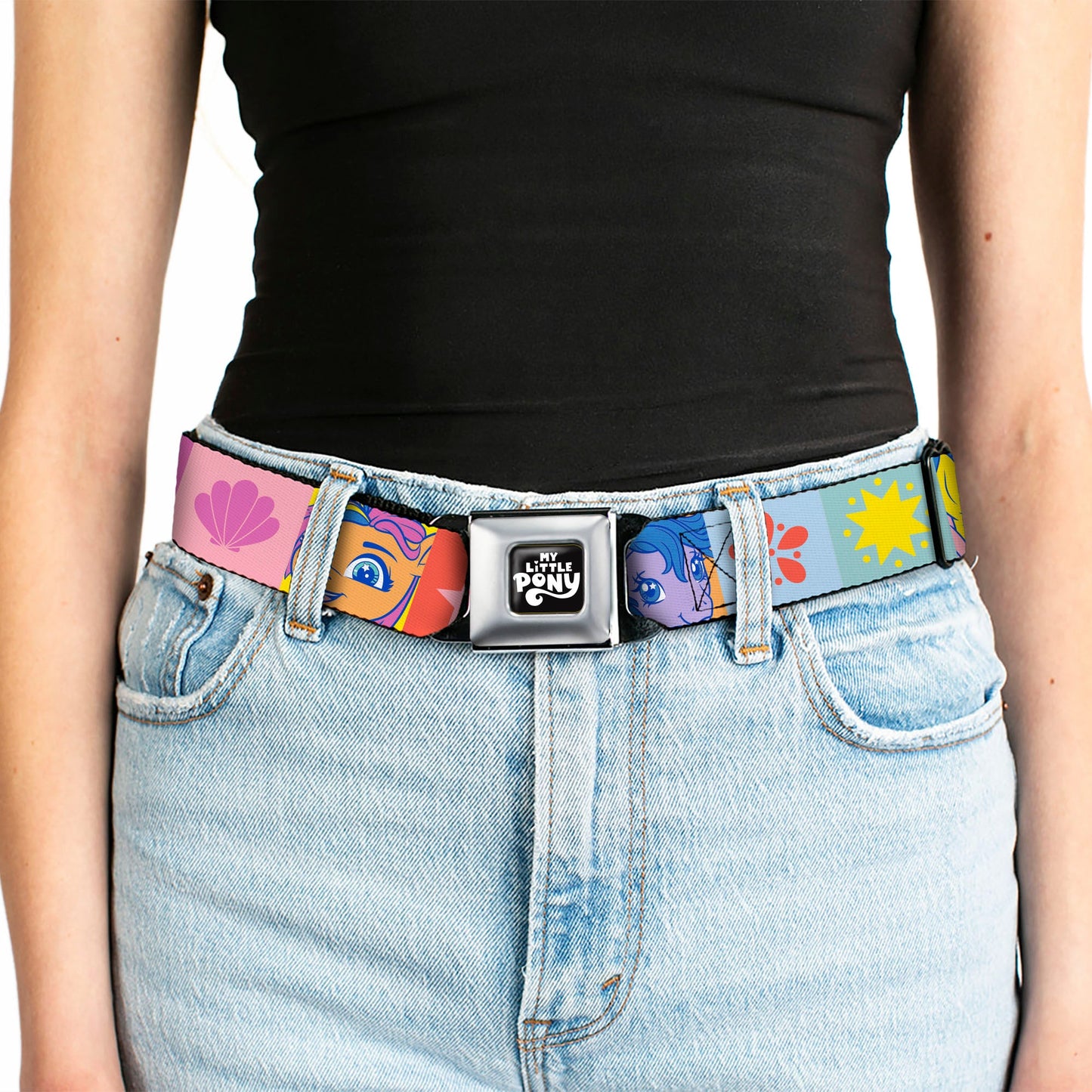 MY LITTLE PONY Title Logo Full Color Black/Purple/White Seatbelt Belt - My Little Pony Faces and Cutie Mark Blocks Multi Color Webbing