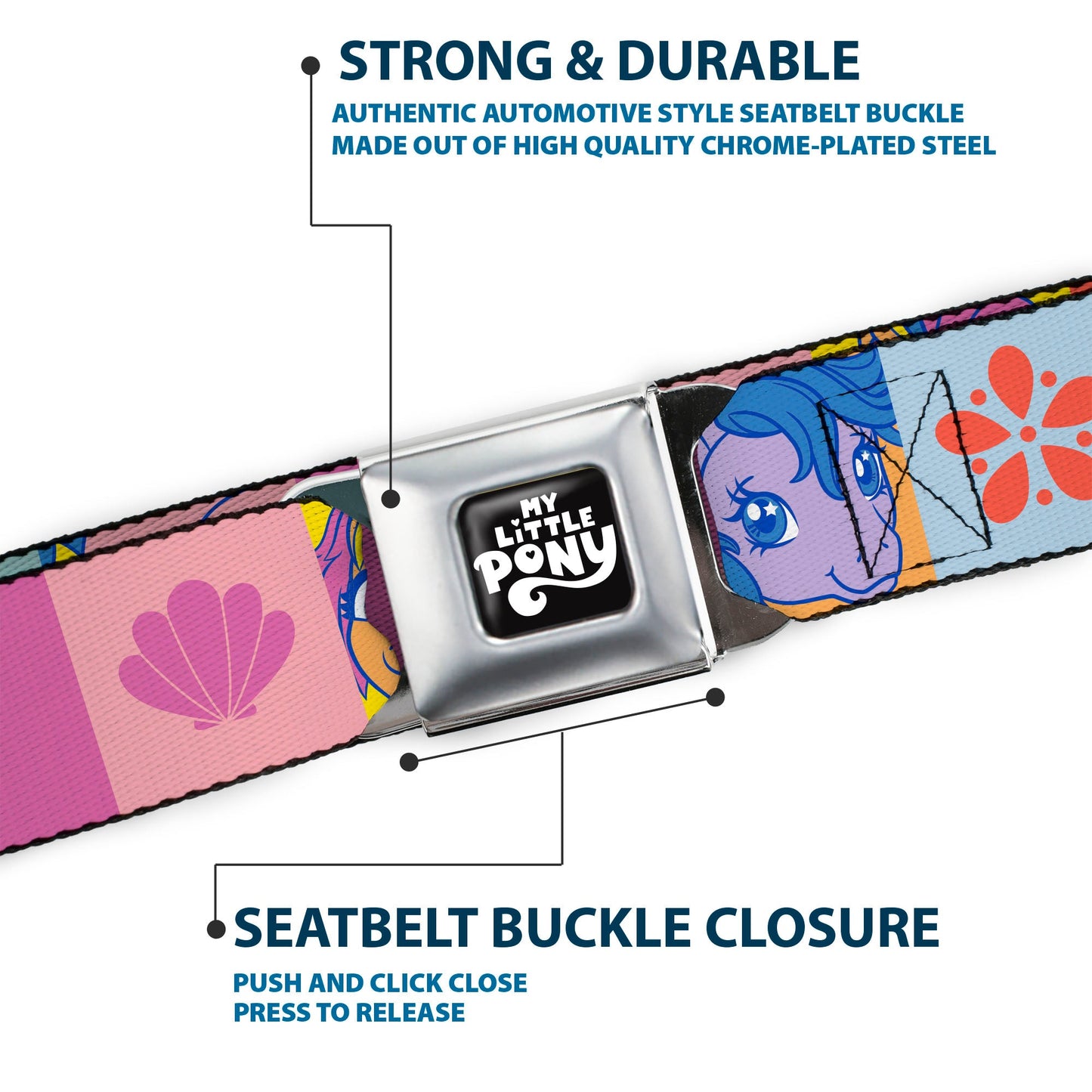 MY LITTLE PONY Title Logo Full Color Black/Purple/White Seatbelt Belt - My Little Pony Faces and Cutie Mark Blocks Multi Color Webbing