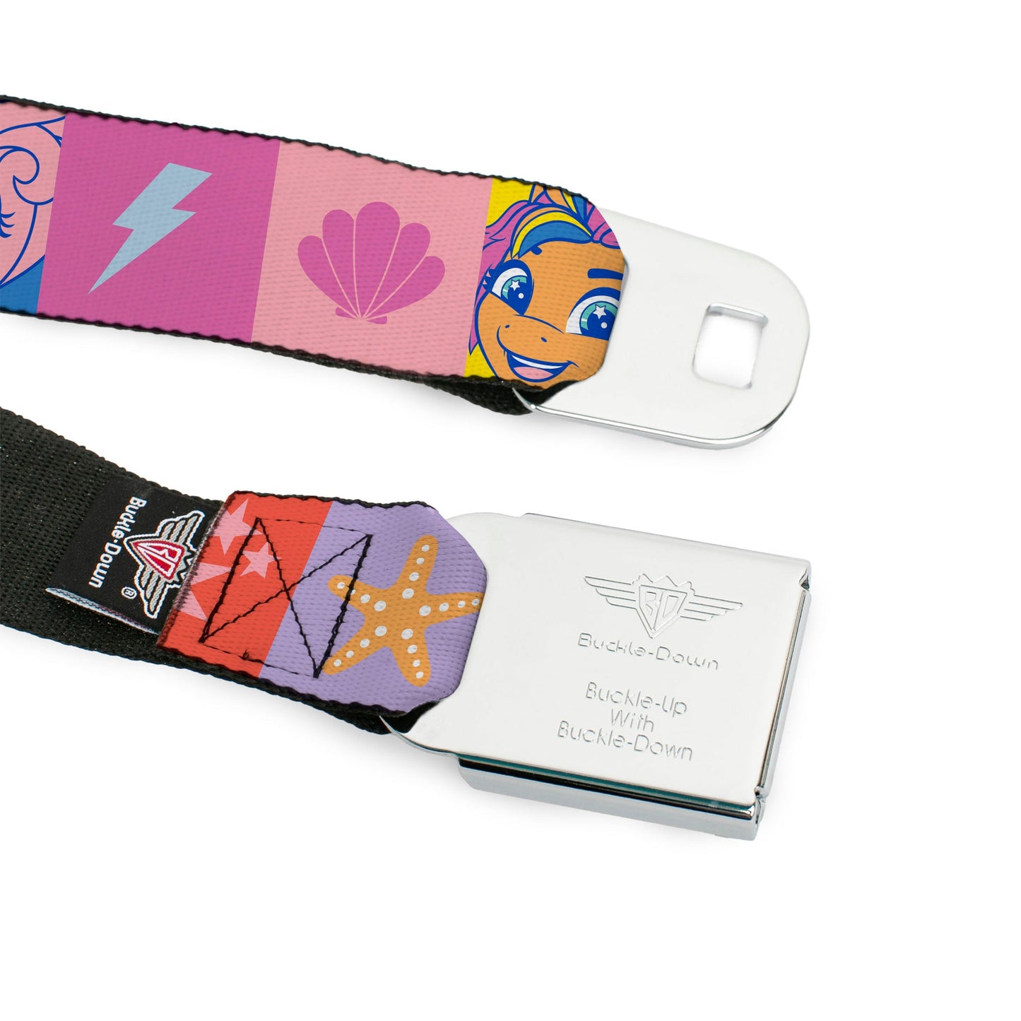 MY LITTLE PONY Title Logo Full Color Black/Purple/White Seatbelt Belt - My Little Pony Faces and Cutie Mark Blocks Multi Color Webbing