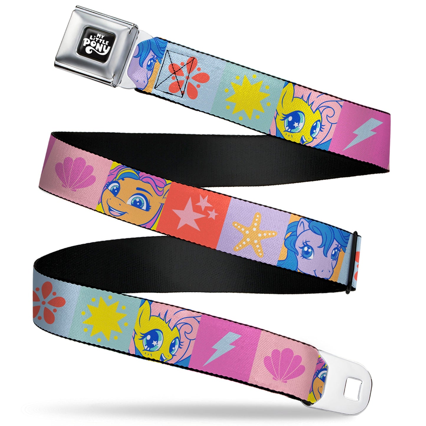 MY LITTLE PONY Title Logo Full Color Black/Purple/White Seatbelt Belt - My Little Pony Faces and Cutie Mark Blocks Multi Color Webbing