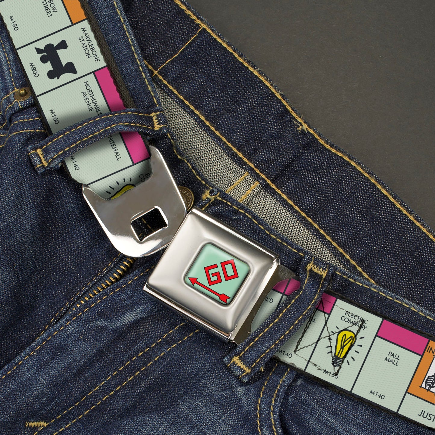 Monopoly GO Space Full Color Seatbelt Belt - Monopoly British UK Game Board Space Blocks Webbing