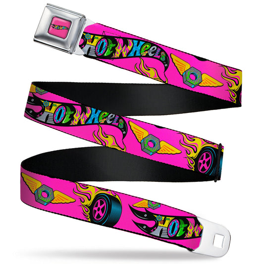 HOT WHEELS Classic Flame Logo Full Color Pink/Black/Multi Color Seatbelt Belt - HOT WHEELS Logo and Parts Collage Pink/Black/Multi Color Webbing