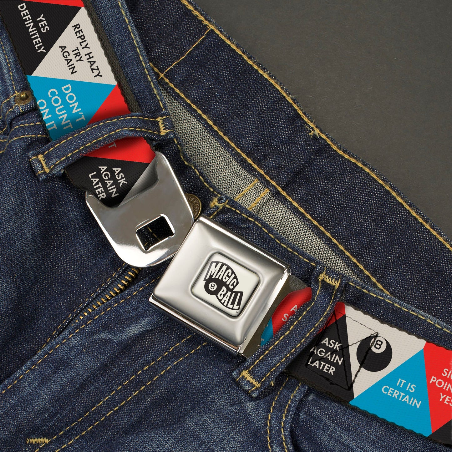 MAGIC 8 BALL Logo Full Color White/Black Seatbelt Belt - Magic 8 Ball Answer Triangles Black/Red/Blue/White Webbing