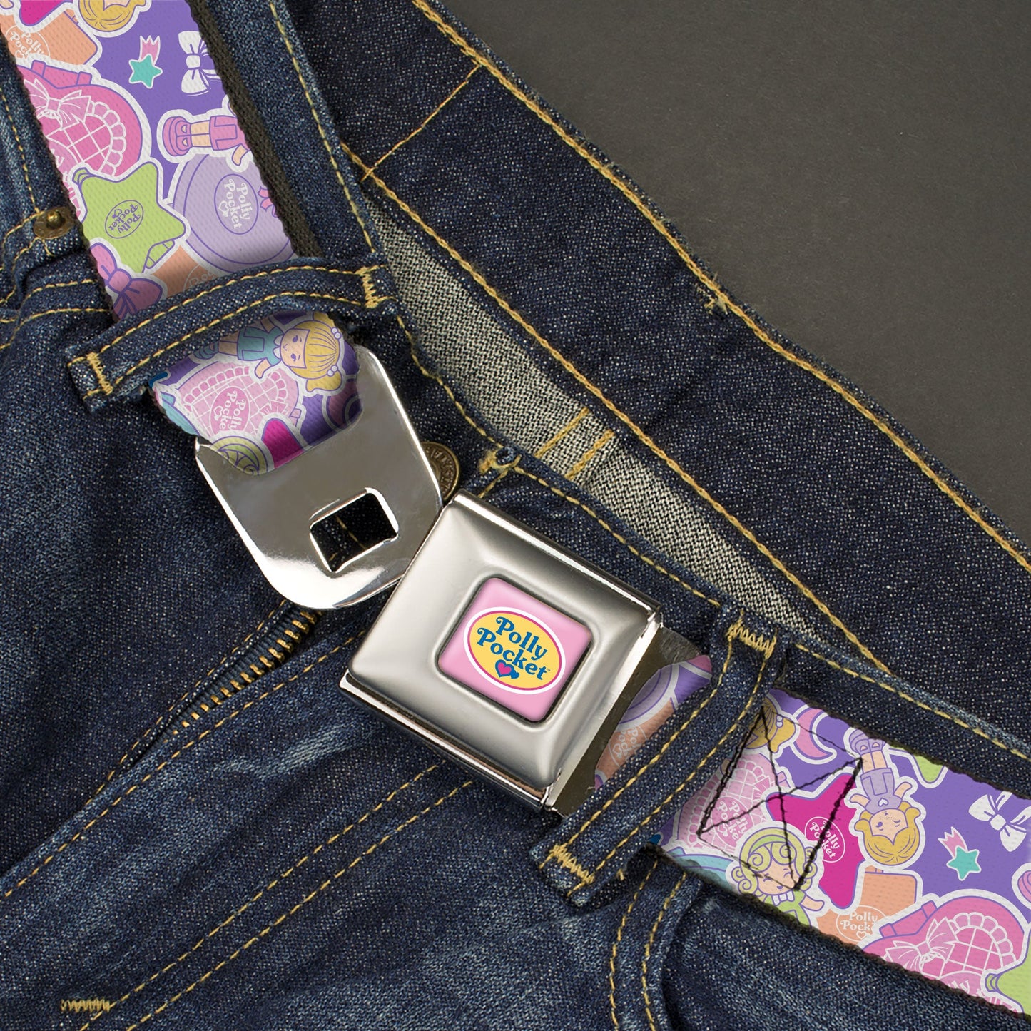 POLLY POCKET Title Logo Full Color Lavender/White Seatbelt Belt - Polly Pocket Dolls and Compacts Collage Lavender Webbing