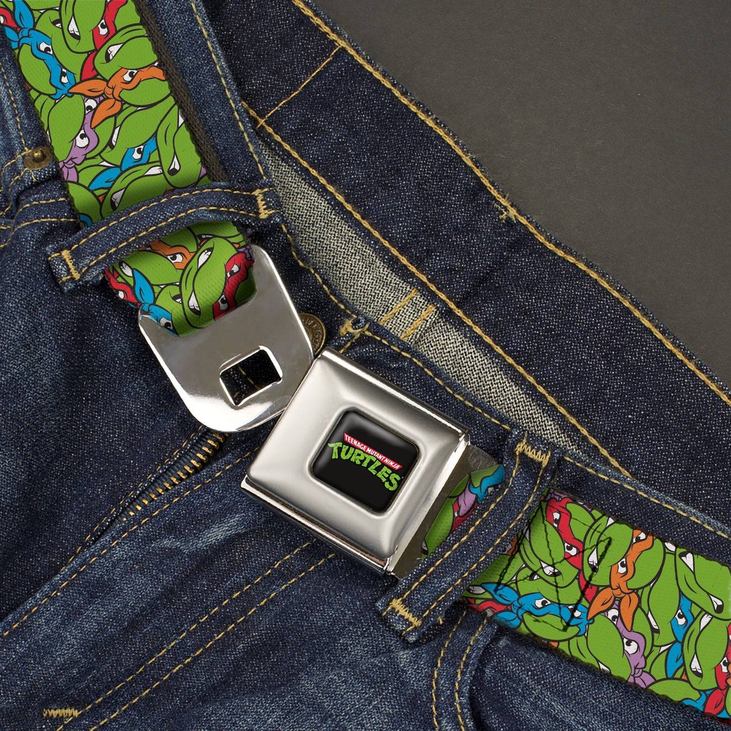Classic TEENAGE MUTANT NINJA TURTLES Logo Seatbelt Belt - Teenage Mutant Ninja Turtles Faces Stacked Green/Multi Color Webbing