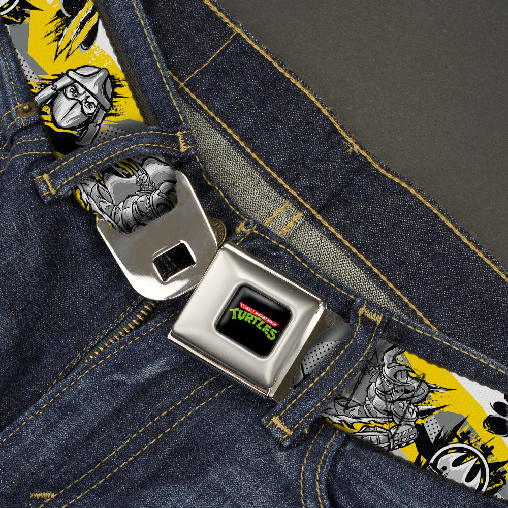 Classic TMNT Logo Full Color Seatbelt Belt - Teenage Mutant Ninja Turtles Shredder Pose and Icons Grays/Yellow Webbing