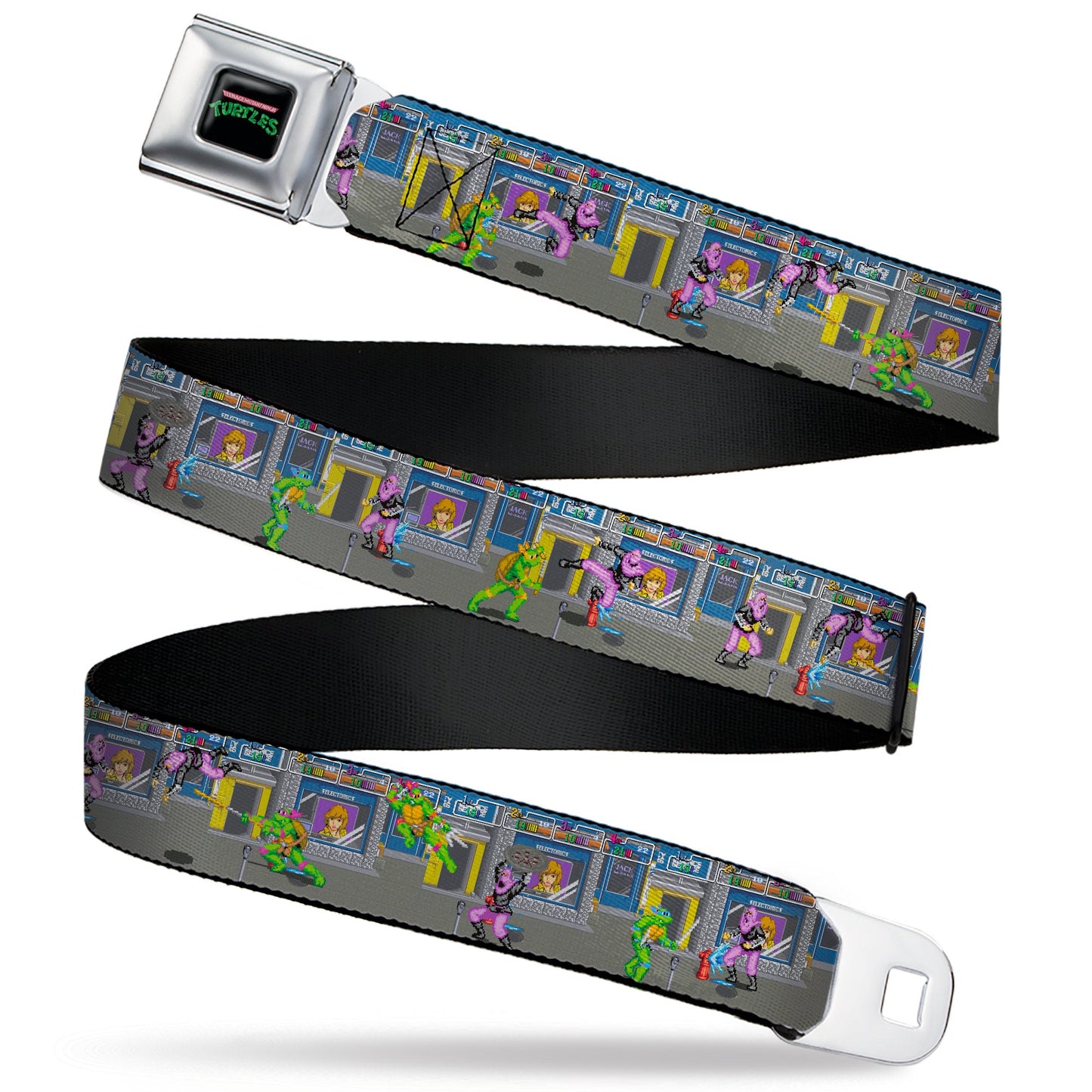 TEENAGE MUTANT NINJA TURTLES Logo Full Color Black Seatbelt Belt - Teenage Mutant Ninja Turtles Battle Purple Foot Soldier Ninja Arcade Scene Grays Webbing