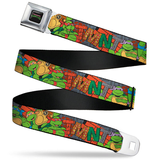 TEENAGE MUTANT NINJA TURTLES Logo Full Color Black Seatbelt Belt - Ninja Turtles TMNT Icons Logo and Group Pose Webbing