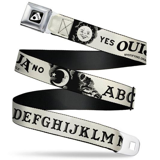 OUIJA Board Logo Planchette Full Color Red/White Seatbelt Belt - OUIJA Board Letters and Elements Beige/Black Webbing
