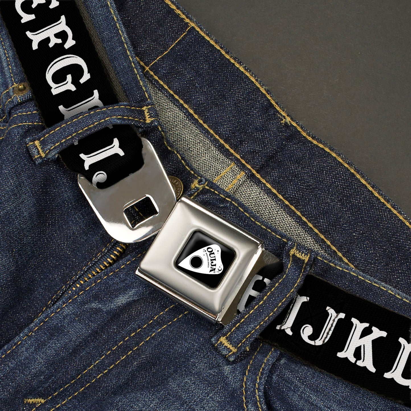 OUIJA Board Logo Planchette Full Color Red/White Seatbelt Belt - OUIJA Board Letters and Elements Black/White Webbing