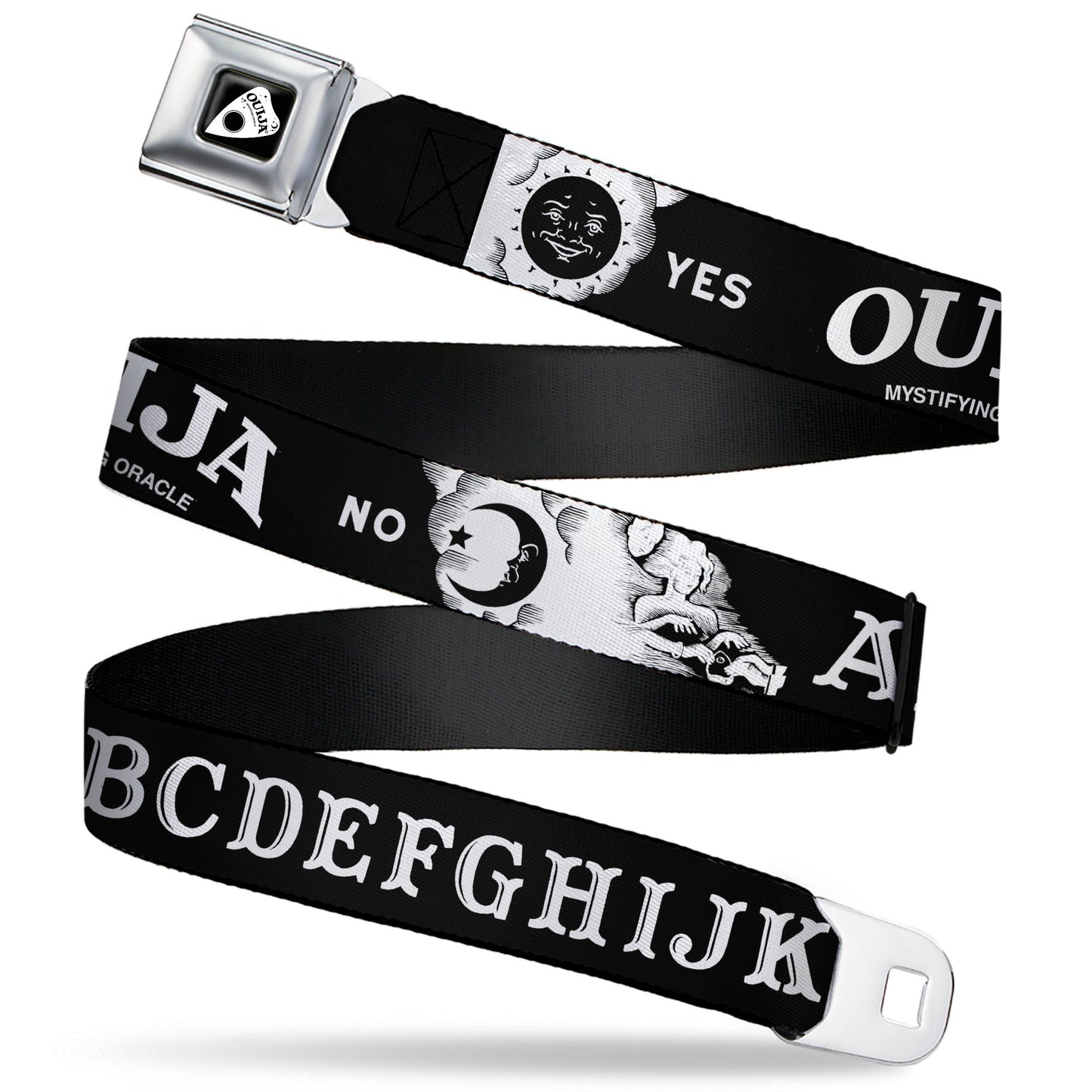 OUIJA Board Logo Planchette Full Color Red/White Seatbelt Belt - OUIJA Board Letters and Elements Black/White Webbing