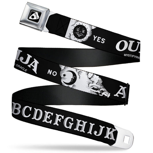 OUIJA Board Logo Planchette Full Color Red/White Seatbelt Belt - OUIJA Board Letters and Elements Black/White Webbing