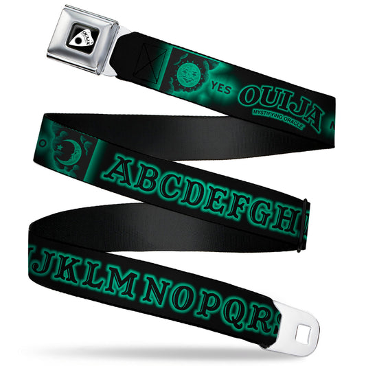 OUIJA Board Logo Planchette Full Color Red/White Seatbelt Belt - OUIJA Board Letters and Elements Black/Greens Webbing